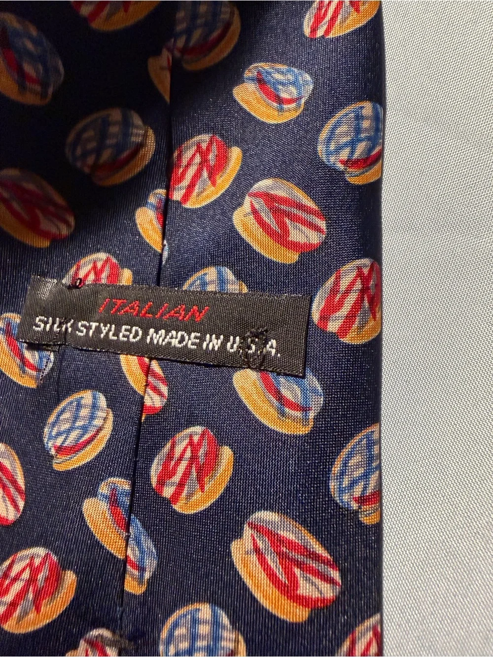 Classic Navy Men's Tie. Red & Gold  donut Pattern. Italian silk styled made USA